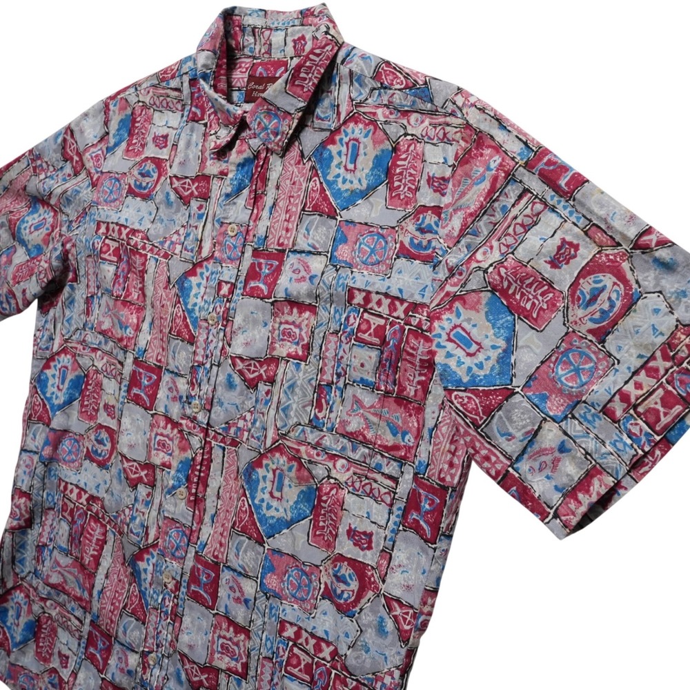 Coral Reef Hawaiian Shirt Mens L Pink Blue‎ Tribal Geometric Made Hawaii